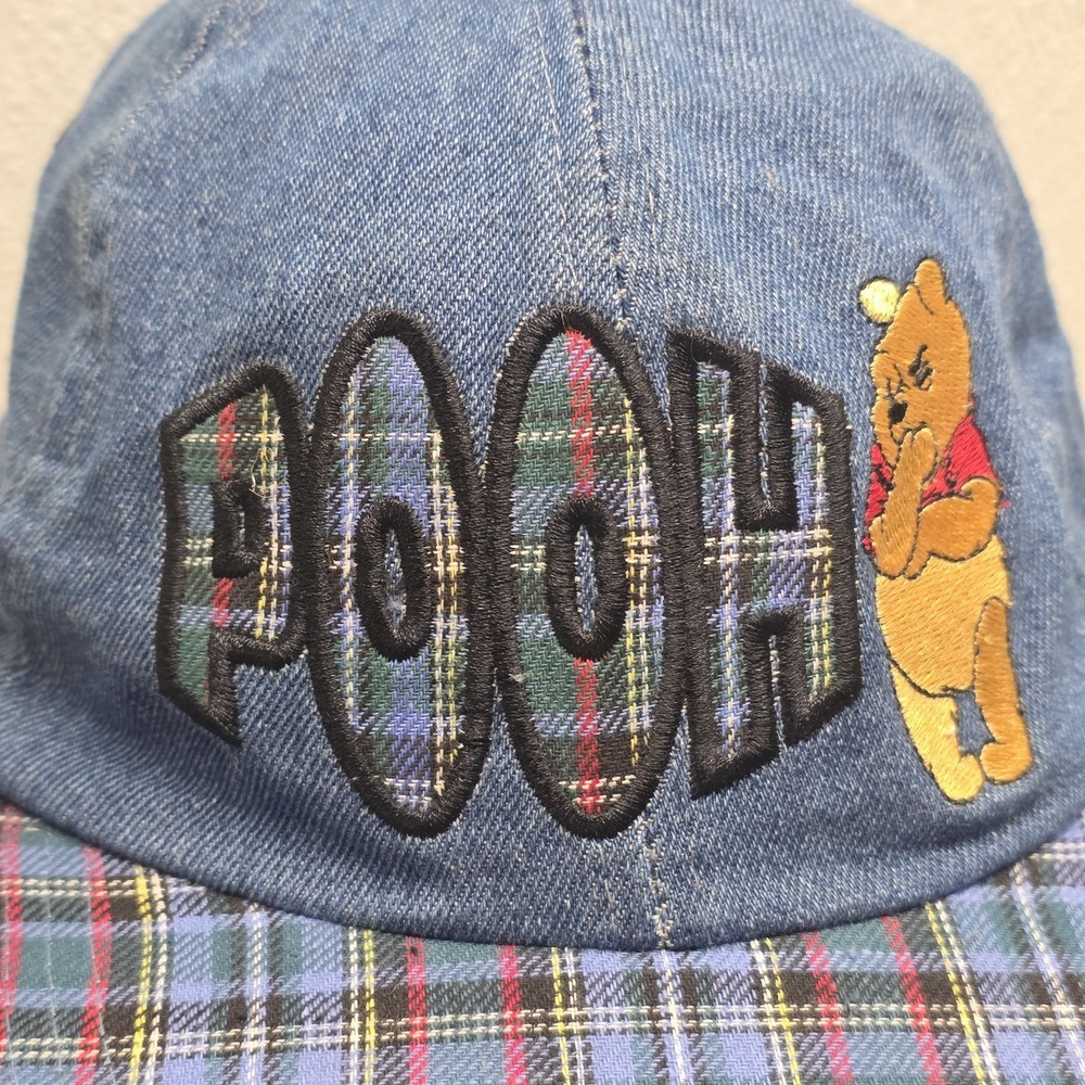 Vintage Disney Embroidered Winnie The Pooh Hat Elastic Band Blue Plaid Denim - Picture 2 of 13